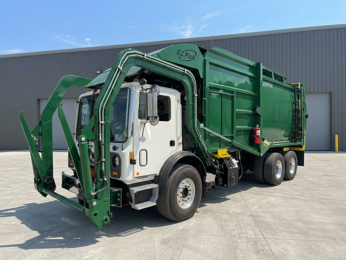 E-Z Pack Hercules residential front-loader on a neighborhood collection route